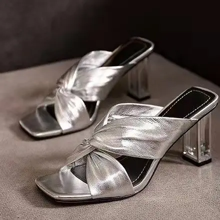 

Women Summer Fashion Square Toe Sandal Ladie Thin High Heels Peep Toe Shoes Female Mules Elegant Outside Casual Slides