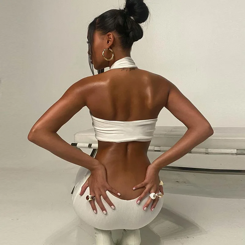 

White Slim Dress Women Mid-Calf Dress Sleeveless Backless Night Club Party Elegant Bodycon Dress Office Lady Girls Hollow Skirts