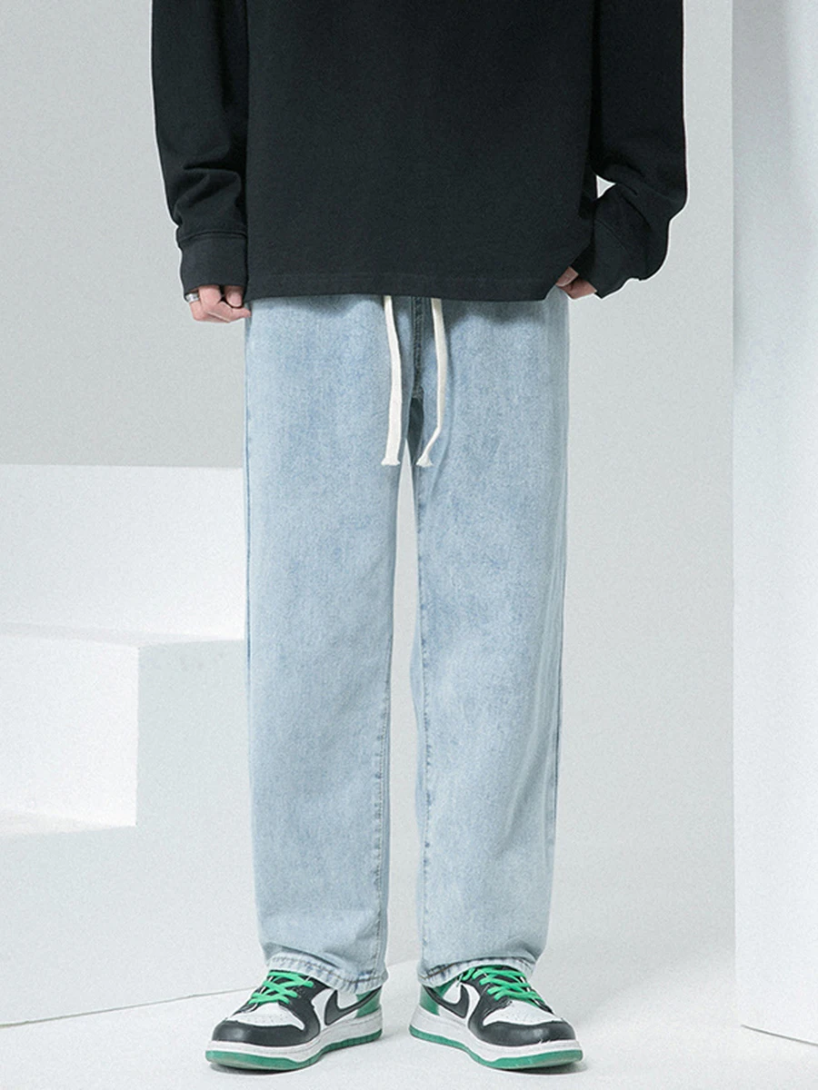 European and American Men's Elastic Waist Jeans Men's Wide Leg Loose Straight Wash Drawstring Trousers Streetwear Ins Hot Sale