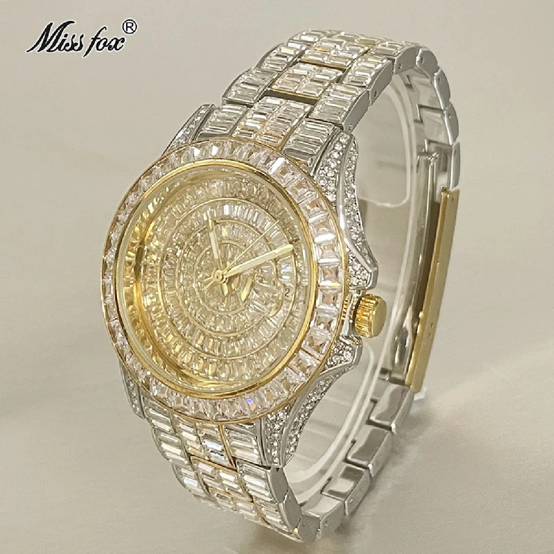 

Fashion Brand MISSFOX Quartz Watch For Men Luxury Full Baguette Diamond Gold Silver Clocks Automatic Date Waterproof Wristwatch