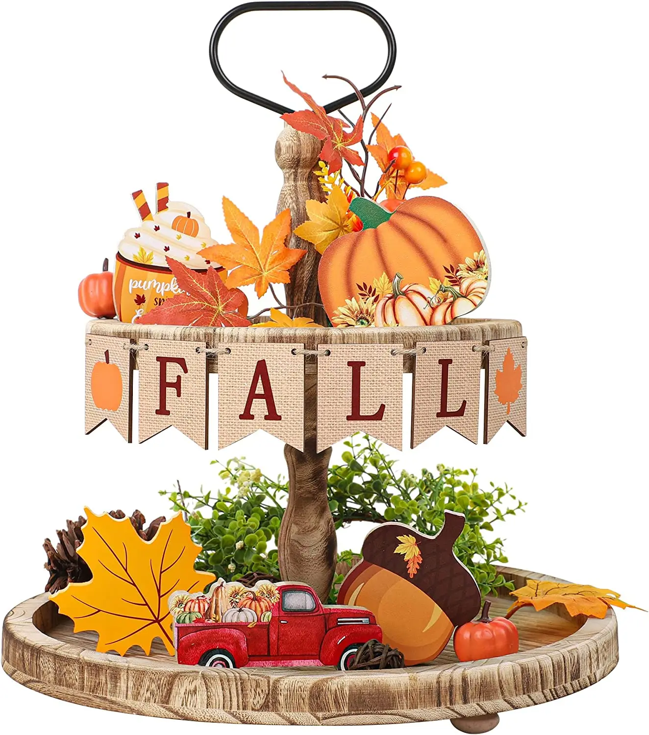 

Fall Tiered Tray Decor Pumpkin Maple Leaves Wooden Tabletop Signs Autumn Truck Acorn Ornaments for Thanksgiving Farmhouse Party