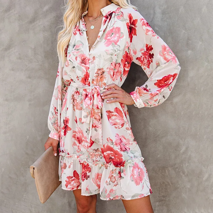 

Women's Clothing New Flower Printed V-neck Long Sleeve Waist Trimming Short Ruffled Dress for Women Evening Party Sexy