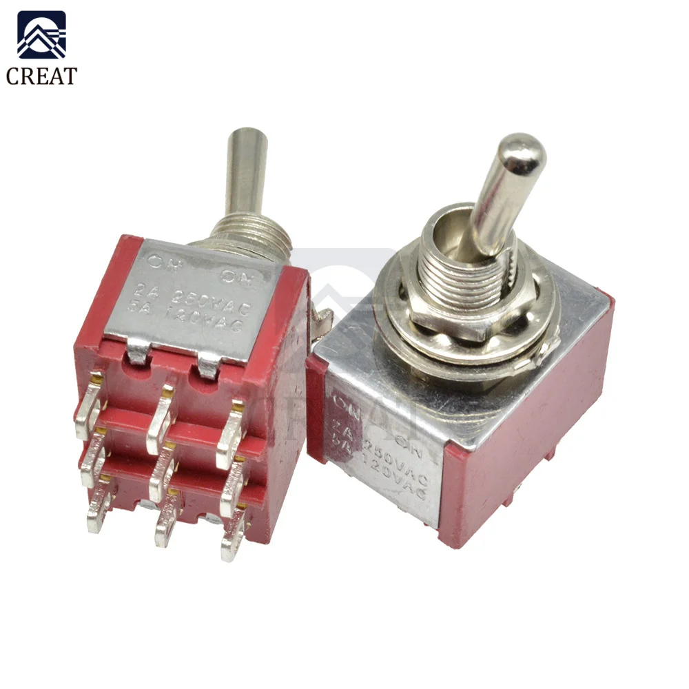 5PCS Toggle Switch Single Pole Double Throw SPDT ON-ON 120VAC 6A 1/4 Inch Mounting 2 Positions 9 Pin 9PIN 13*16.8MM 6mm