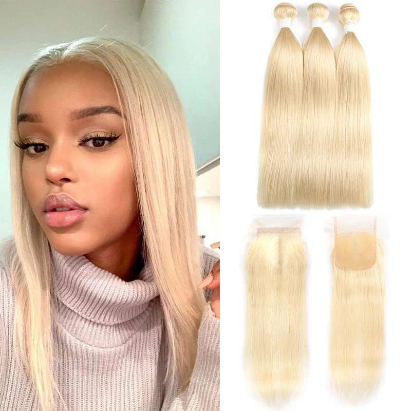 

Brazilian Human Hair Bundles With Closure 613 Ombre Blonde Straight Hair 3 Bundles With Closure Remy Human Hair Weave Bundles