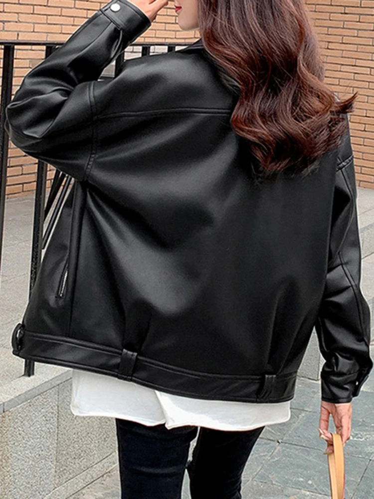 Faux Leather Jacket Women Casual PU Loose Motorcycle Jackets Female Streetwear Oversized Coat Korean Chic Spring Leather Jacket
