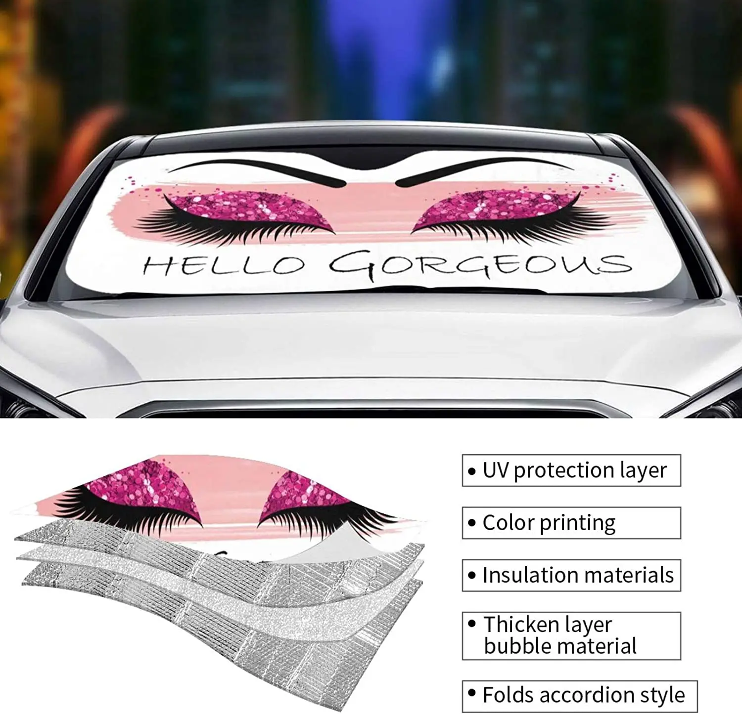 Солнцезащитный козырек для лобового стекла с розовыми блестящими ресницами |