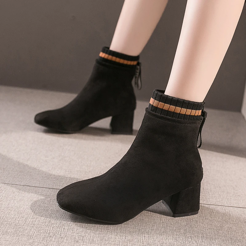 

Women's boots Nice autumn Pop square head thick with casual boots suede 7 cm booties High heels35