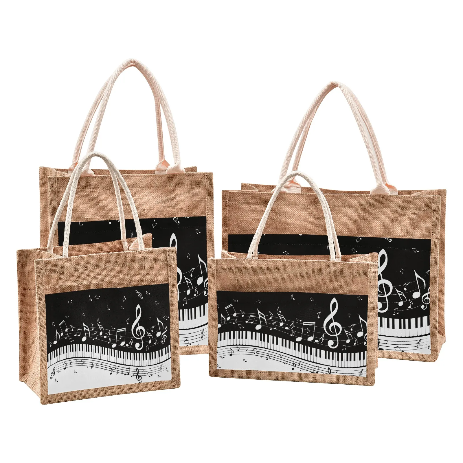 

Musical Note Jute Tote Bag With Handles Zipper Pocket Shopping Grocery Bag Large Capacity Portable Burlap Bag Storage Organizer