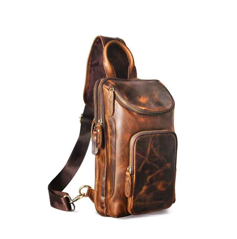 Retro Fashion Luxury Men's Natural genuine Leather Chest Bag Daily Outdoor Travel Crazy Horse cowhide Brown Messenger Bag
