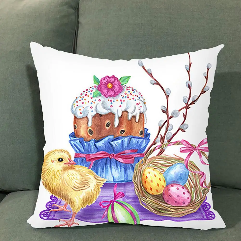 

Cute Cushion Case Exquisite Pattern Breathable Cushion Cover Happy Easter Day Egg Chick Rabbit Pillowcase