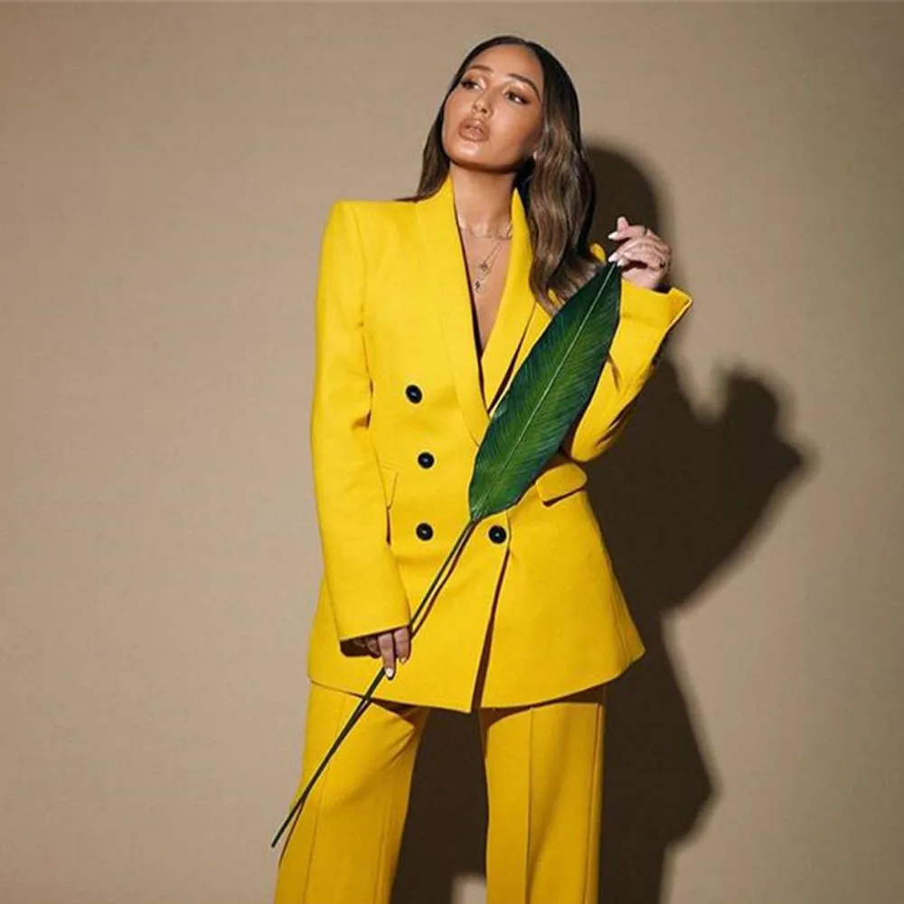 Yellow Fashion Pant Suits For Women Double Breasted Coat+Pants Office Ladies Casual Long Sleeves Blazer Straight Leg Trousers