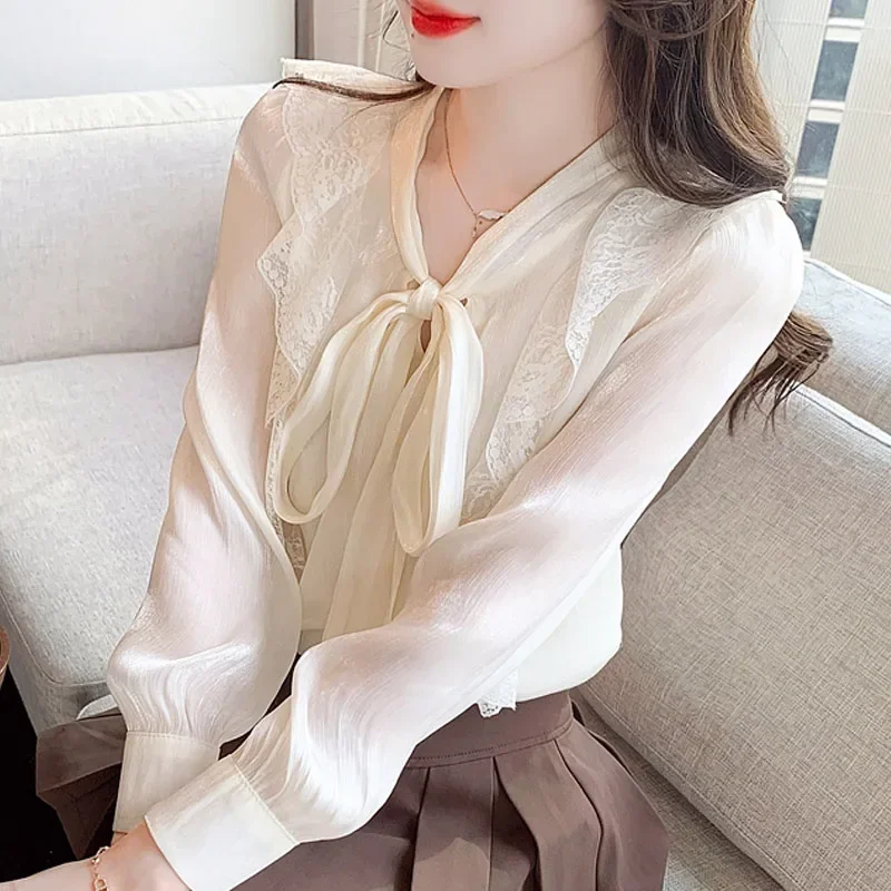 Новинка женская блузка с длинным рукавом и воротником-бантом шифоновая оборками