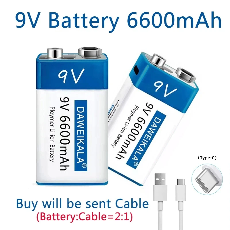 

New 9V USB rechargeable lithium-ion battery 9V 6600mAh with USB cable, suitable for cameras and other electronic devices