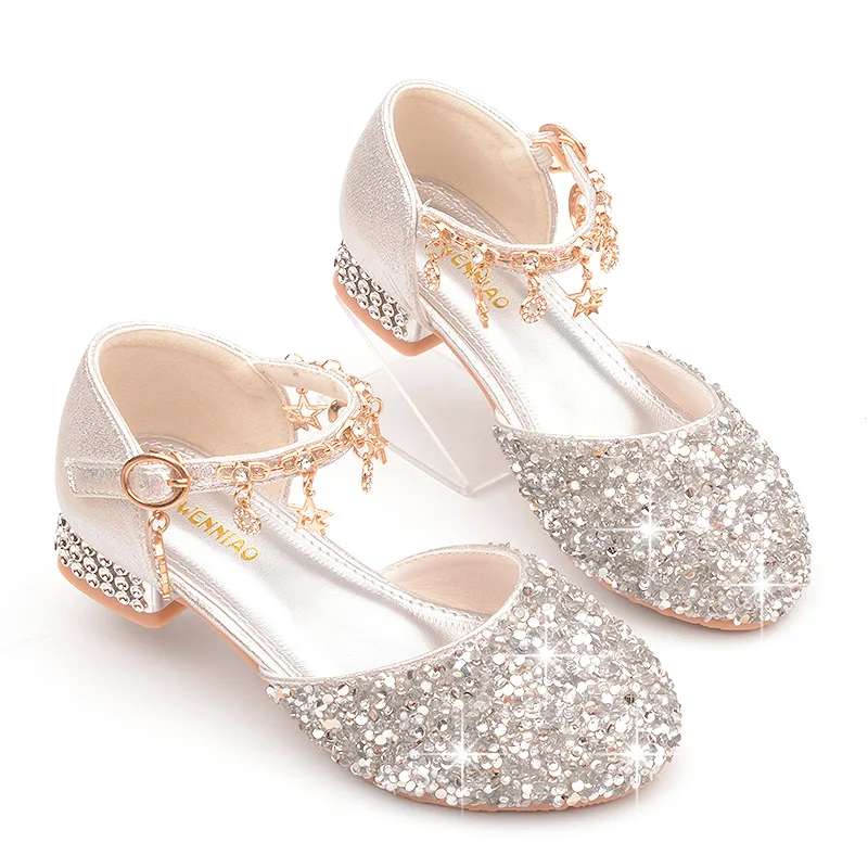 Children's High Heels, Girls' Princess Shoes, Students' Performance Shoes, Flash Diamonds, Crystal Shoes, Pink Silver Kid Shoes enlarge