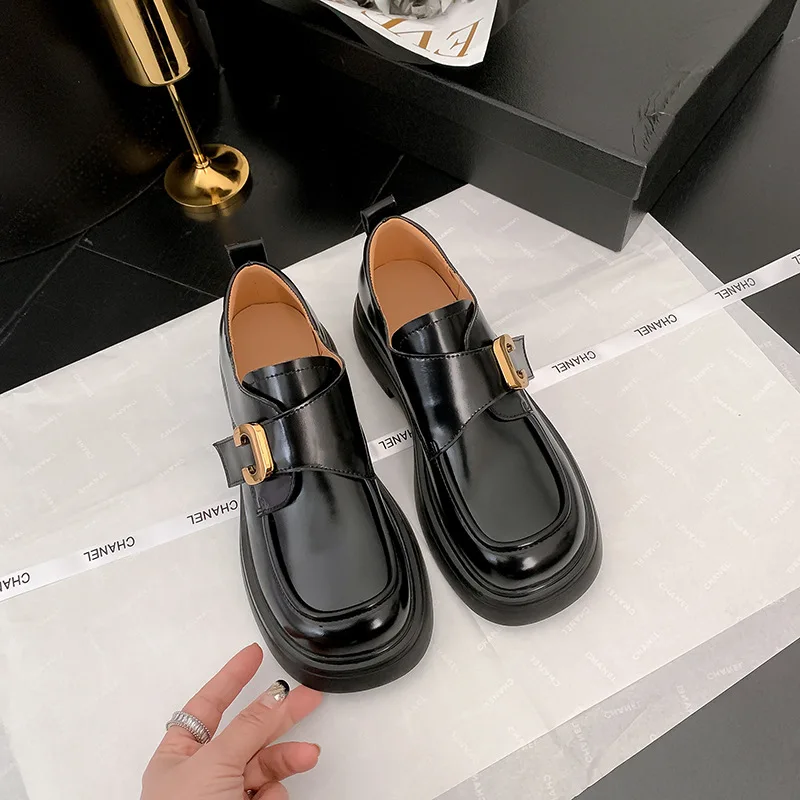 Platform Oxfords Loafers Women Buckle Deco Round Toe Splite Leather Shoes Mixed Color Casual Dress Ladies Shoes 5cm Heel