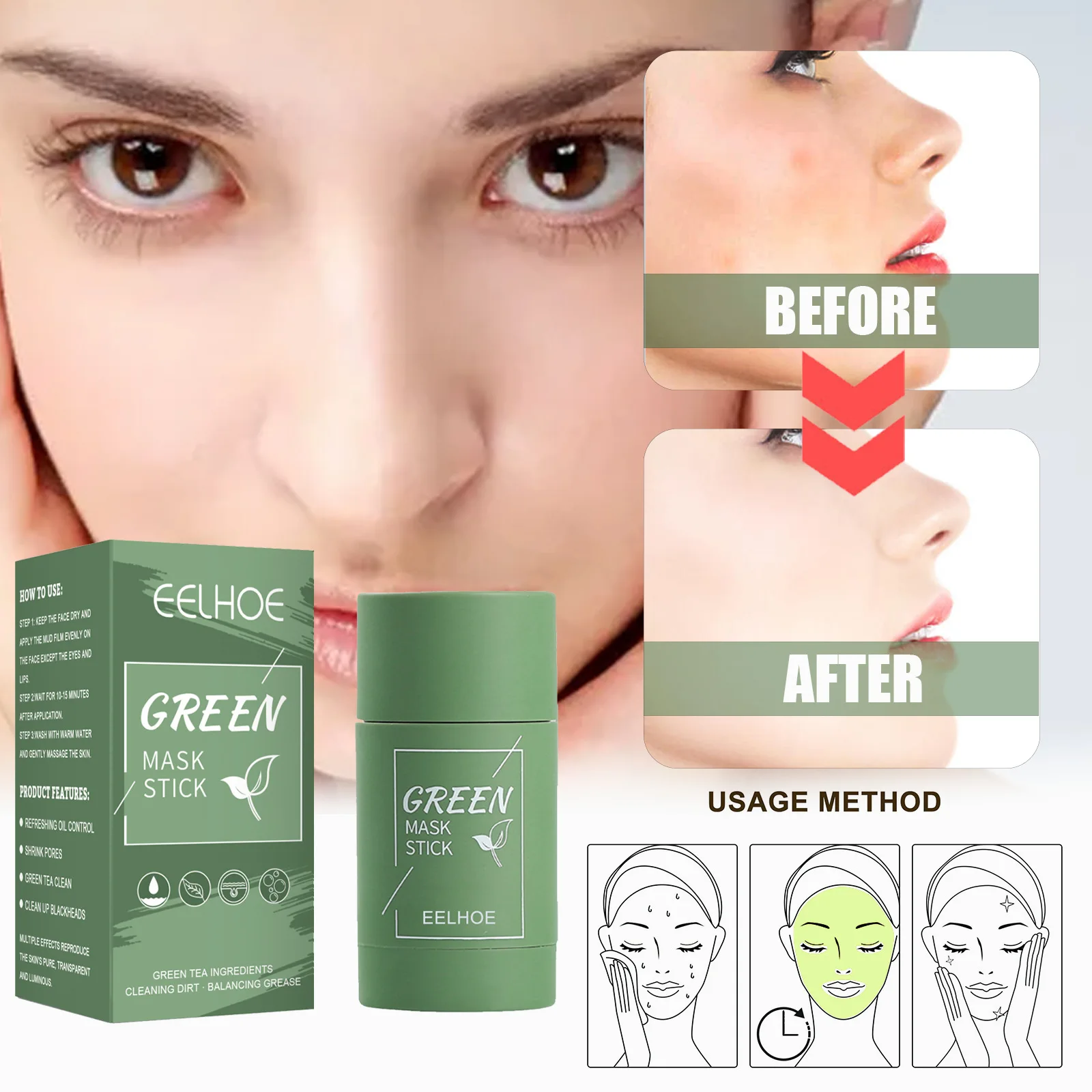 

EELHOE Mask Stick Green Tea Deep Cleansing & Hydrating Solid Mask Shrinkage Facial Applicator Mud Mask Stick Fade Acne Marks