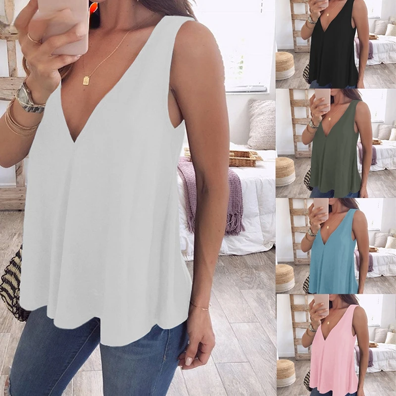 

2022 European and American chiffon top sexy deep V-shaped loose solid color sleeveless T-shirt women summer
