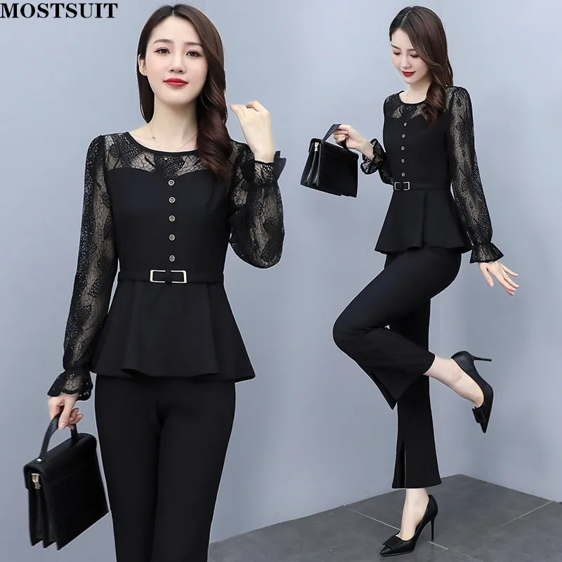 

Autumn Fashion Elegant 2 Piece Set For Women Lace Patchwork Tunic Tops And Elastic Waist Split Flare Pants Suits Sets Outfit