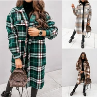2202 autumn and winter long sleeve button lapel casual warm plaid long woolen coat casual plaid warm coats for women