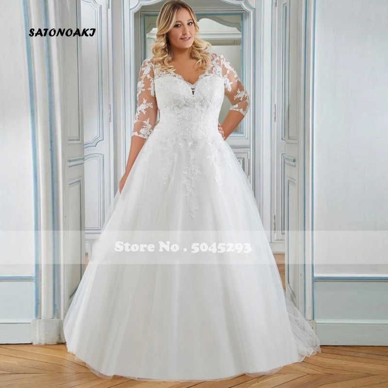 

Elegant Plus Size Wedding Dress 3/4 Sleeves V Neck Tulle Lace Appliques A-Line Bride Gown for Big Women Vestidos De Novia Mariée