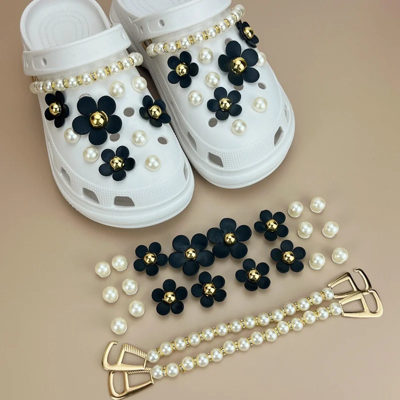 Luxurious Pearls Black Croc Jibbit Flowers Shoes Charms Sandals Charms Decoration Set for Kids and Women Hole Shoes Accessories