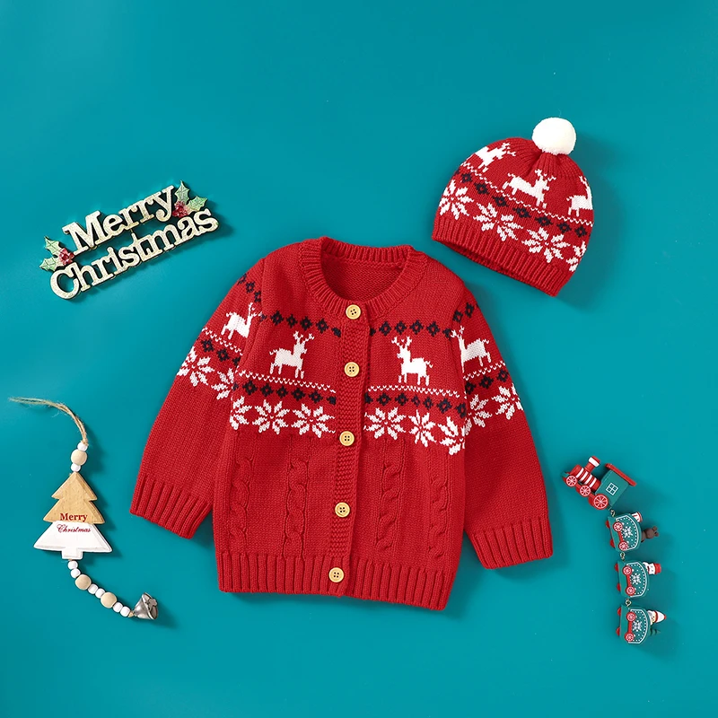 

Рождественская Одежда для маленьких девочек и мальчиков, свитеры, кардиган, олень, снежинка, зимнее вязаное пальто с круглым вырезом и длинным рукавом, пуговицами и шапочкой