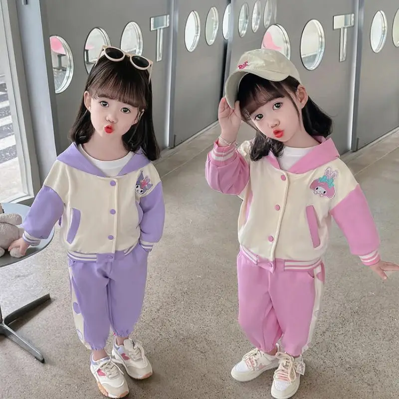

Kawaii Anime Sanrio My Melody Kuromi Autumn Girls Long-Sleeved Sports Suit Cartoon Hooded Baseball Uniform Pants Two-Piece Set
