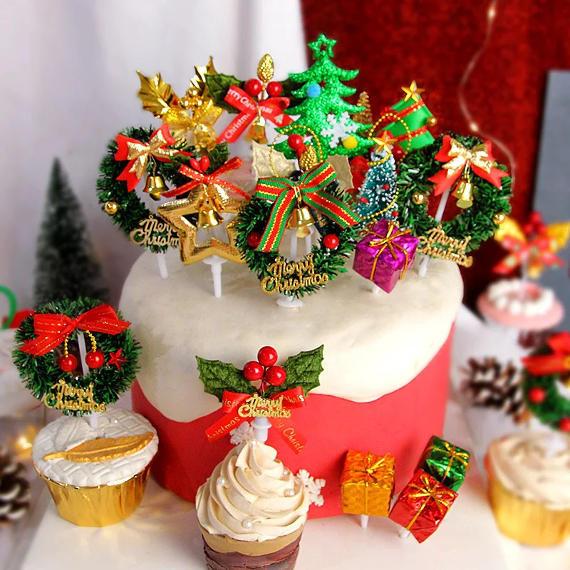 

5pcs Merry Christmas Cake Topper Grass Circle Sika Deer Cake Insert Xmas Cupcake Dessert Decoration Birthday Party Decor Supply