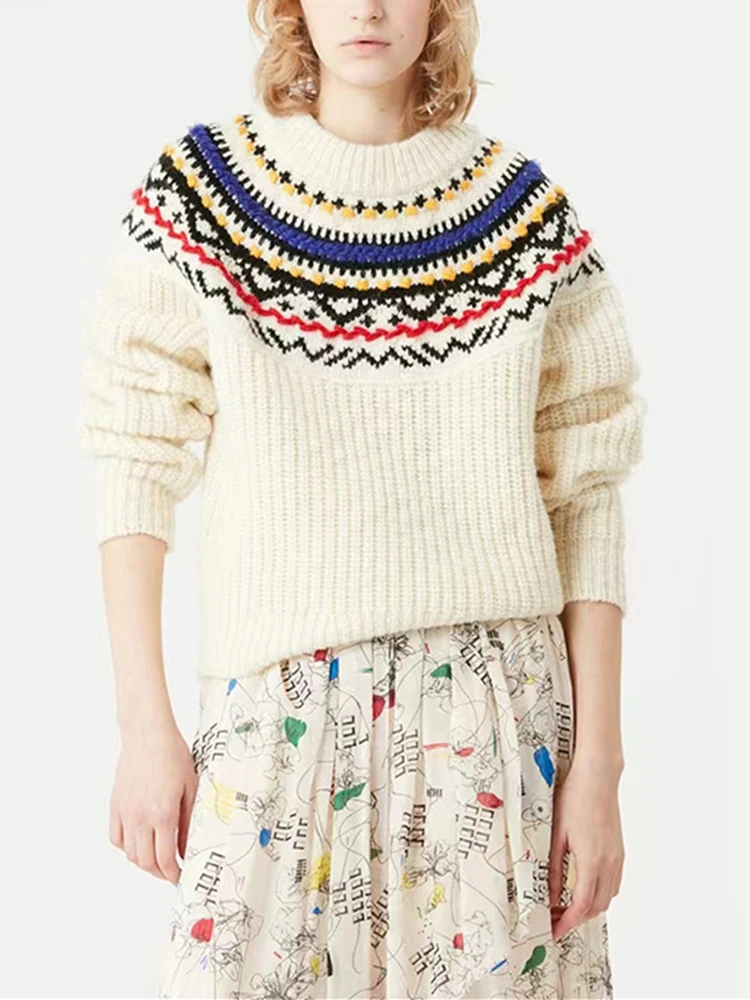 

Осень-зима 2022, Женский вязаный свитер контрастных цветов в стиле ретро, женский свободный пуловеры, топы, трикотаж с длинным рукавом