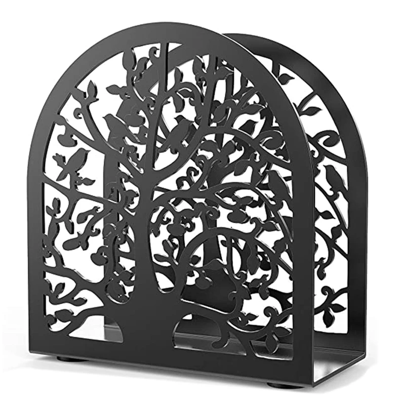 

Metal Napkin Holder - Black Napkin Dispenser For Home Kitchen Countertops With Cutout Tree And Bird Silhouette Design
