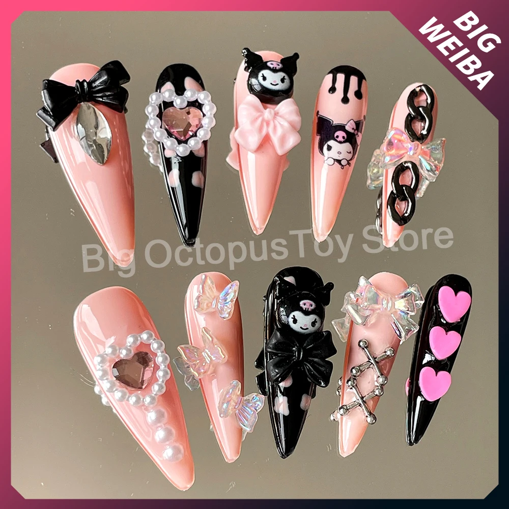 

New Kawaii Kuromi Nails Cartoon Cute Bowknot Long Stiletto Nails Detachable Reuse Fake Nails Stickers Girls Gift Accessories