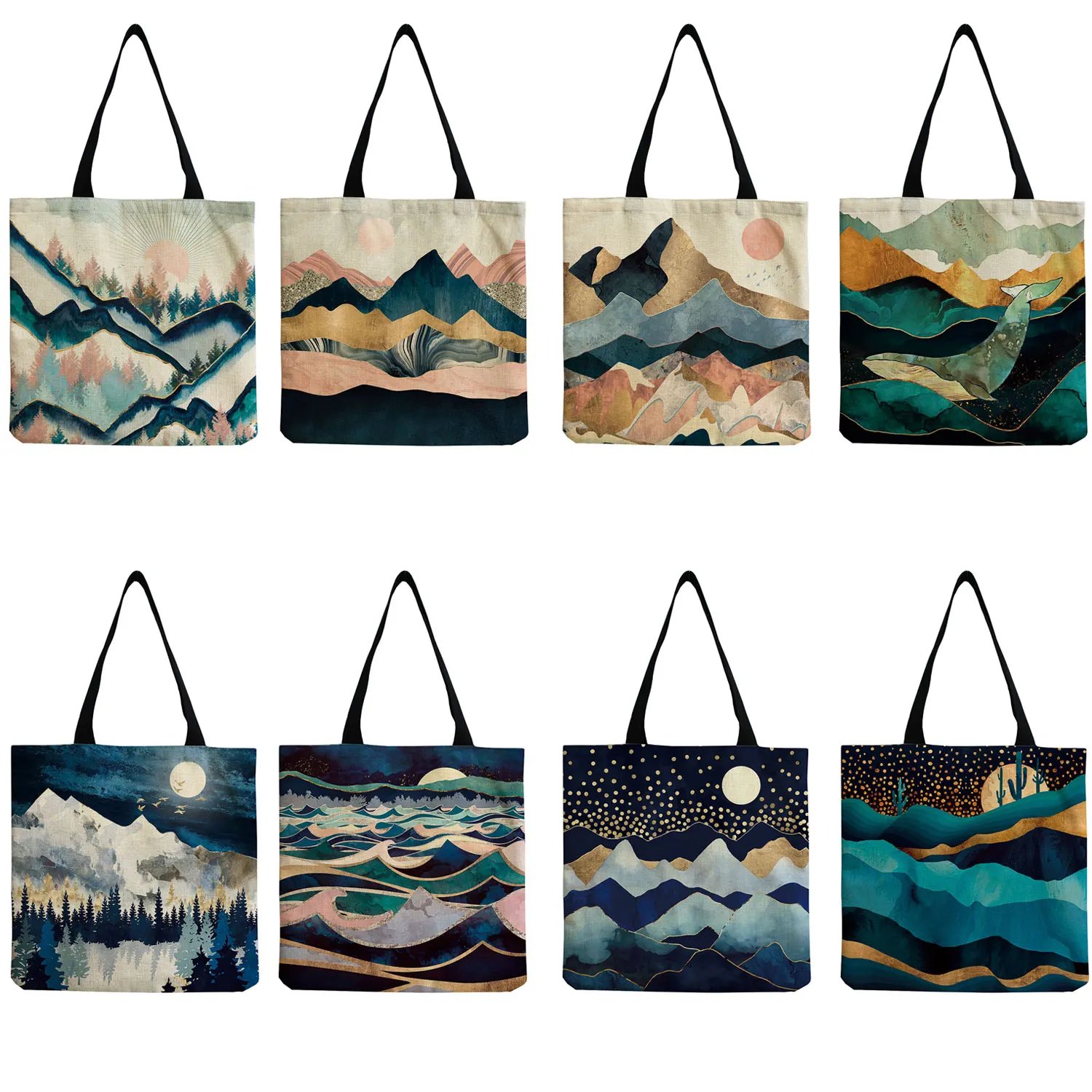 

Tote Bag Customizable Art Abstract Mountain And Water Landscape Eco Friendly School Teacher Gift Bag High Capacity Shopper Bag
