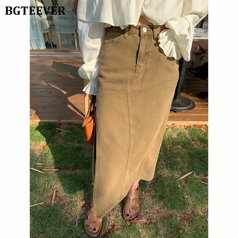 

BGTEEVER Stylish Loose Pockets Female Denim Skirts Fashion High Waist Single Button Side Split Women Jeans Skirts