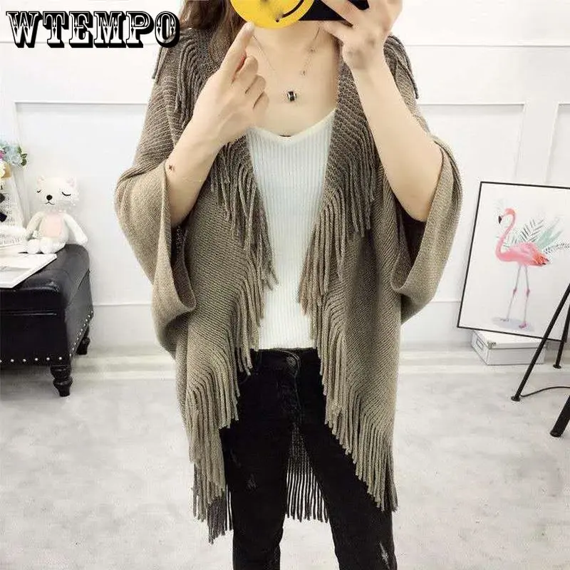 

Women Loose Shawl Tassels Knitted Cardigan Warm Wrap Coat Medium Length Retro Casual Office Lady Fashion Fall Winter Wholesale
