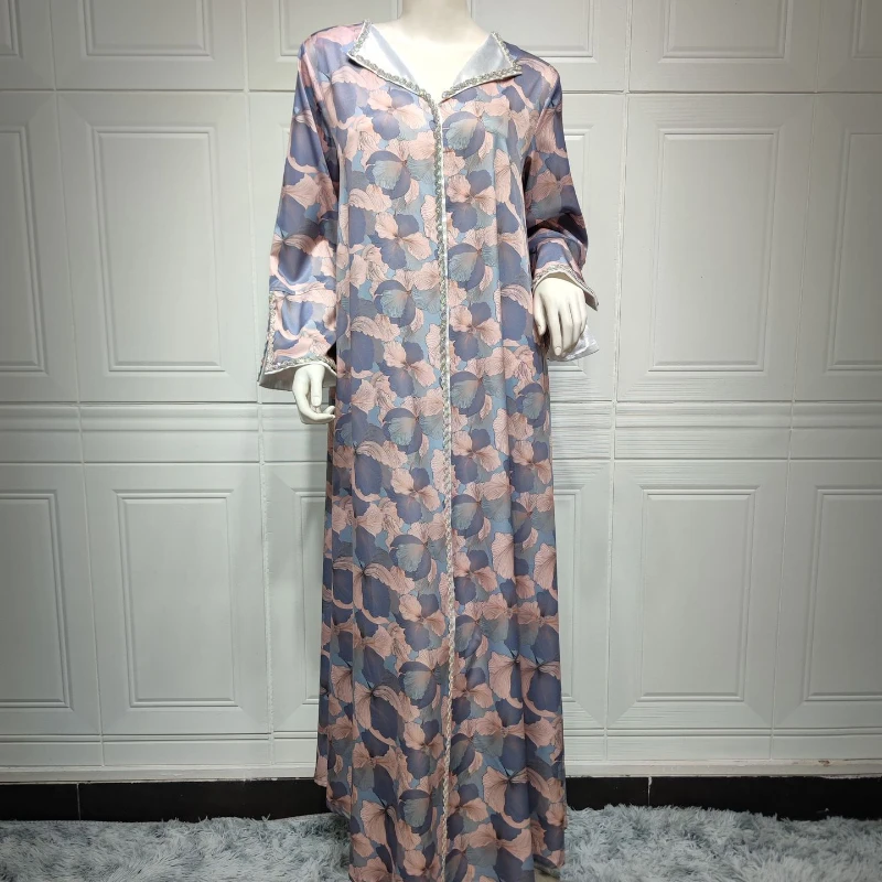 Abaya Dubai Muslim Dress Women Floral Print Islam Moroccan Caftan Lined Arab Jalabiya Middle East Robe