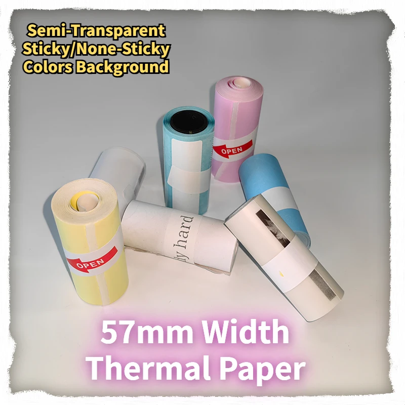 

57mm Width Thermal Papers for HD Mini Printer White Adhesive Semi Transparent Blue Pink Orange Colors Roll Sticky Paper Supplies