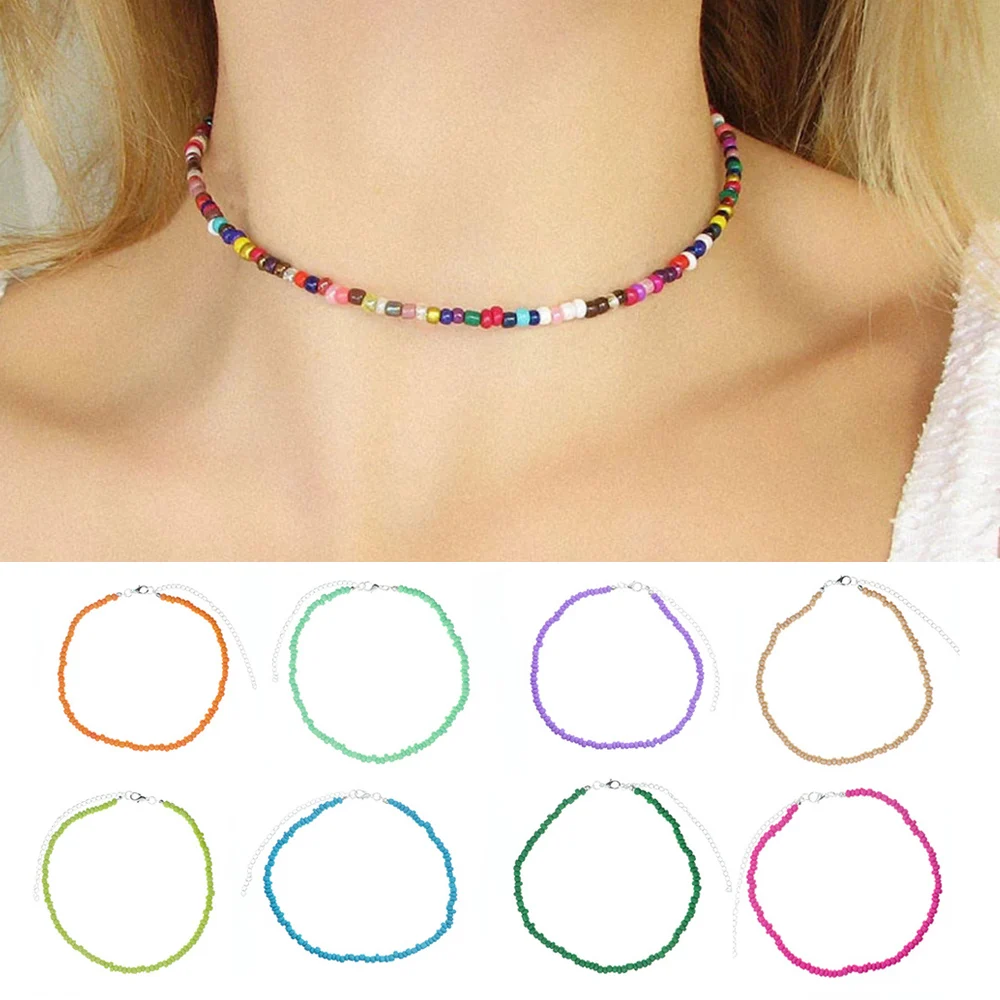 

Bohemia Handmade Rainbow Seed Beads Simple Choker Necklace Women's Fashion Wild Sweet Colorful Collar Jewelry Gift