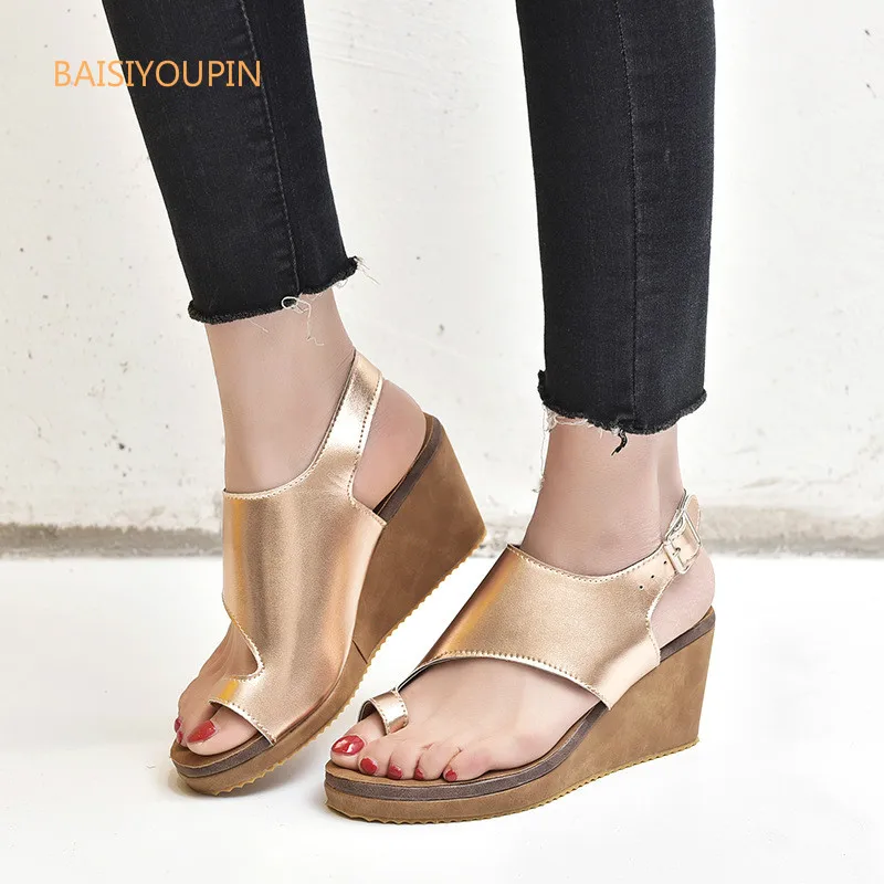 

Plus Size 42 43 Women Summer Casual Sandals 5cm Med Heels Solid Shallow Wedges Ladies Party Womans Fashion Back Straps Pumps