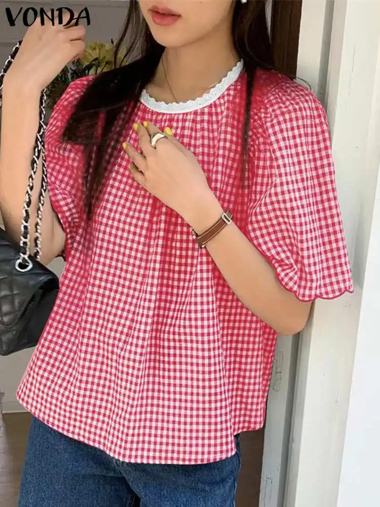 

VONDA 2023 Women Blouses Summer Plaid Tunic Shirts Casual Loose Tops Short Sleeve Lace Patchwork Checked Fashion Blusas Femme