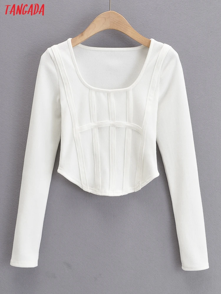 

Tangada Women Striped White Crop T Shirt Long Sleeve O Neck Tees Ladies Casual Tee Shirt Street Wear Top 4P49