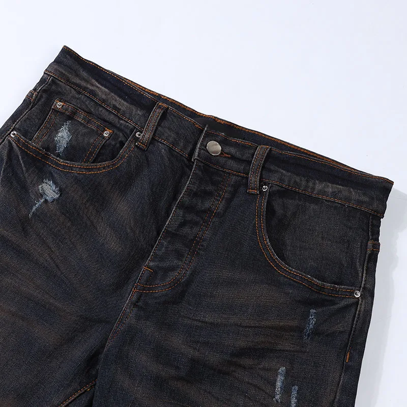 Fashion Men's Jeans Hip Hop Stretch Skinny Jeans Streetwear Ripped Yellow Patch Denim Pants High Quality Washable Cotton Trouser