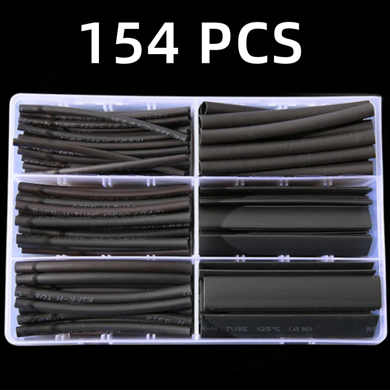 

154 PCS Black Boxed 2:1 Times Shrink DIY Kit Heat Shrink Sleeve Set Thermoresistant Tube Wire Connection Insulated Polyolefin