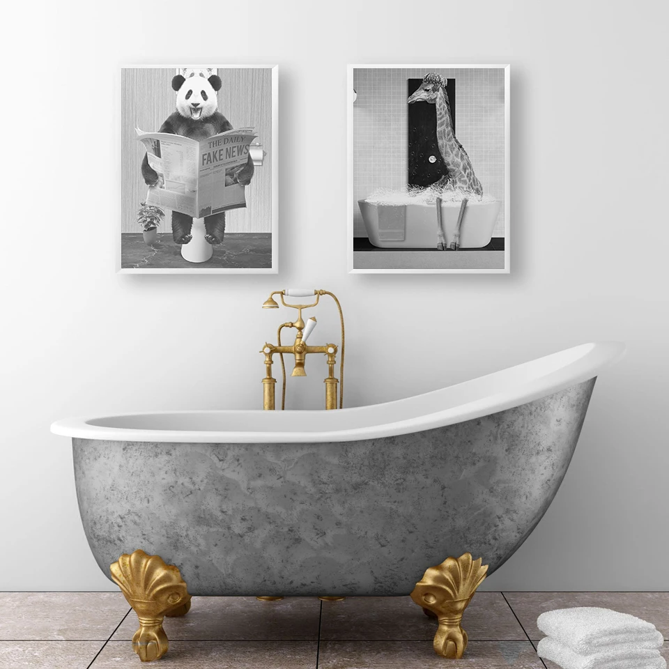 

Baby Panda In A Vintage Bathtub Bathroom Funny Animal Toilet Poster Print Giraffe Reading Newspaper Canvas Painting Home Decor