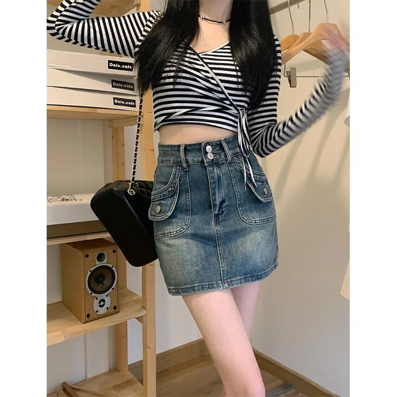 

Vintage Blue Jean High Waist Mini Skirt 2023 Summer New Oversize Pocket Denim Skirts XL