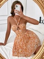 paisley print cut out front tie backless halter dress