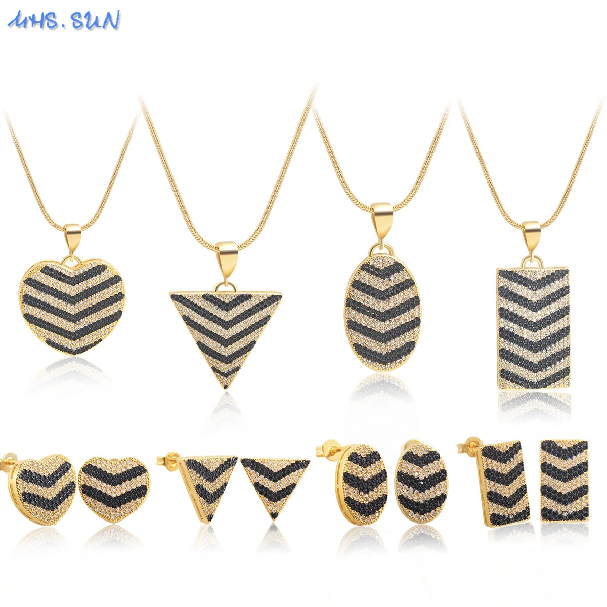 

MHS.SUN Fashion Gold Plated Stripe Geometry Heart Square Shape Pendant Necklace Zircon Earrings For Women Party Jewelry Set