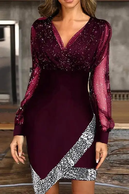

Spring 2023 New Mesh Sequins Splice Irregular V-neck Dress for Women