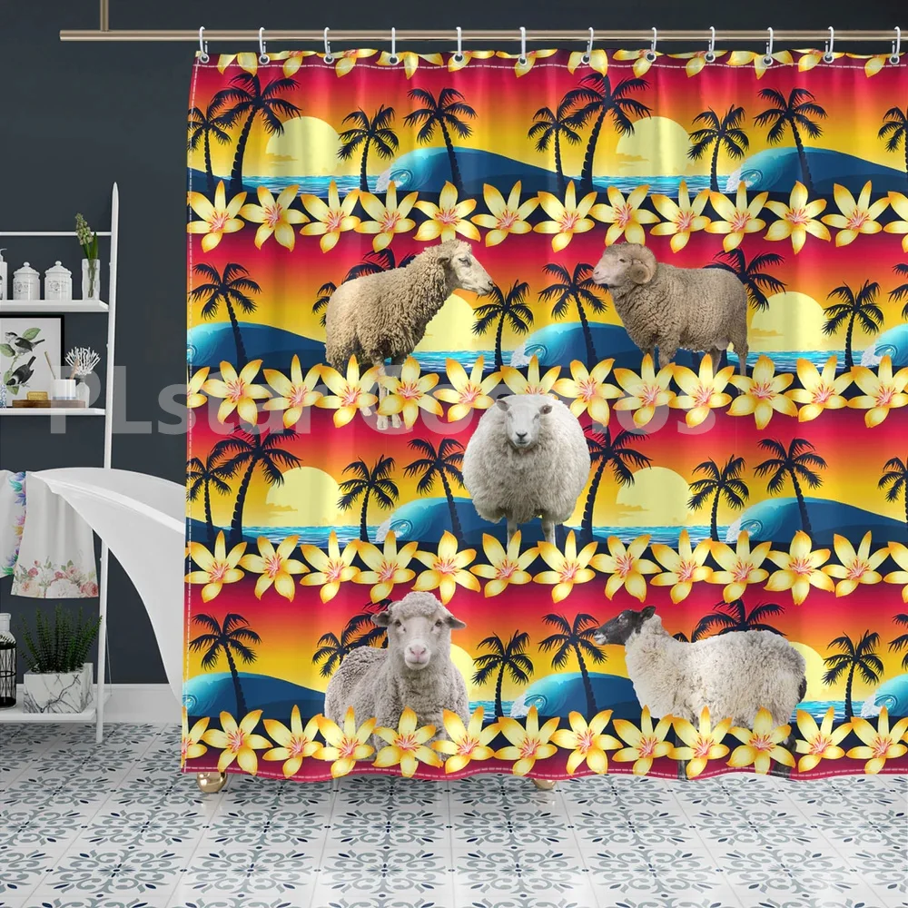 

Sheep Beach Sunset Shower Curtain 3D Printed Bathroom Curtains with Hooks Funny Animal Shower Curtain