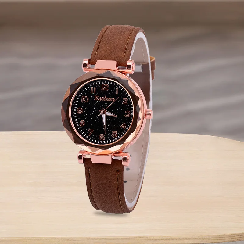 

Женские яркие часы Starry Sky, корейские кварцевые часы цвета розового золота, женские часы, модные часы с кожаным ремешком