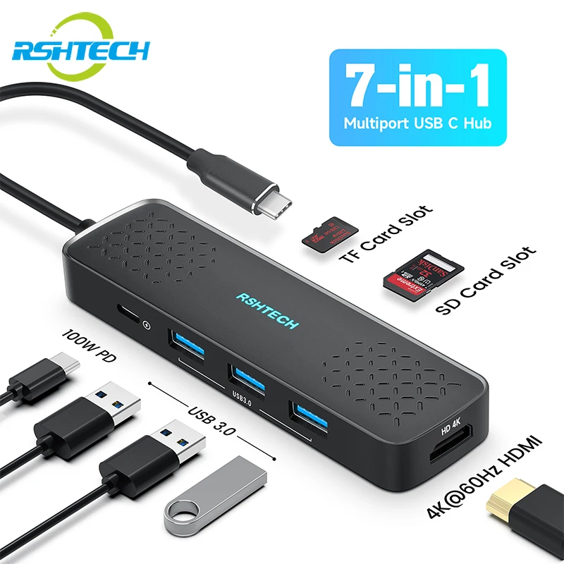 

RSHTECH T01D USB C Hub Multiport Adapter 6 in 1 Type-C Dongle with 4K HDMI 100W PD 3 USB 3.0 Port 3.5mm Audio Jack for MacBook